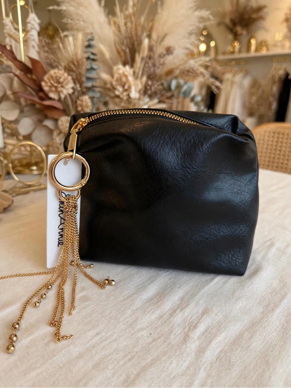 Black Leather Cosmetic Pouch with Gold Tassel